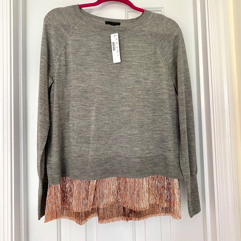NWT -JCrew Gray sweater with pink gold fringe